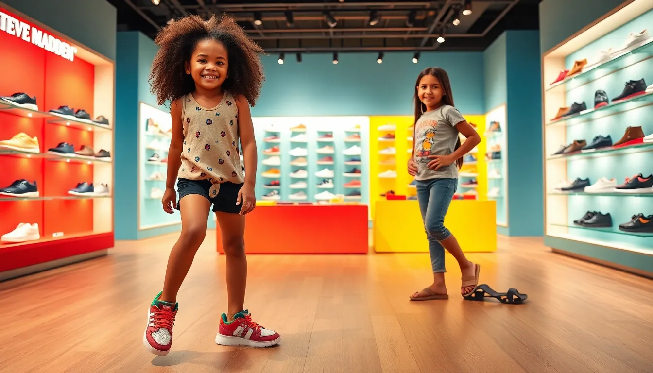 Children showcasing diverse styles of Steve Madden kids shoes in a colorful retail space.
