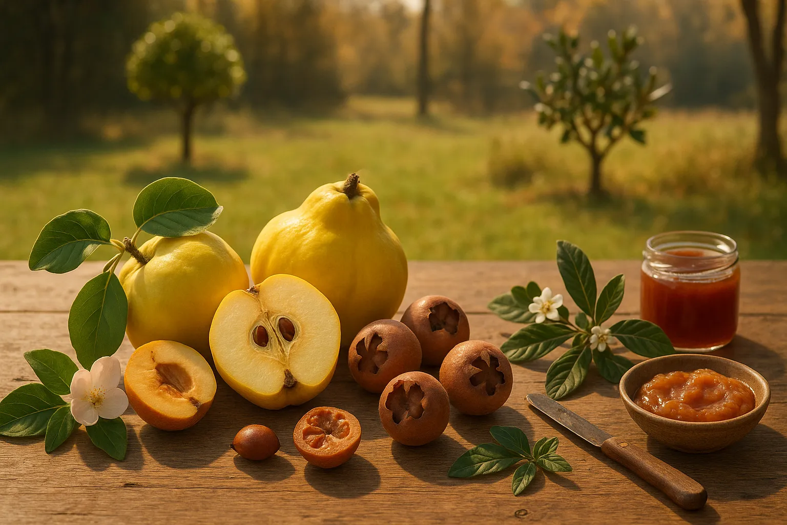 Quinces and medlars on a farmhouse table showing textures and cuts.