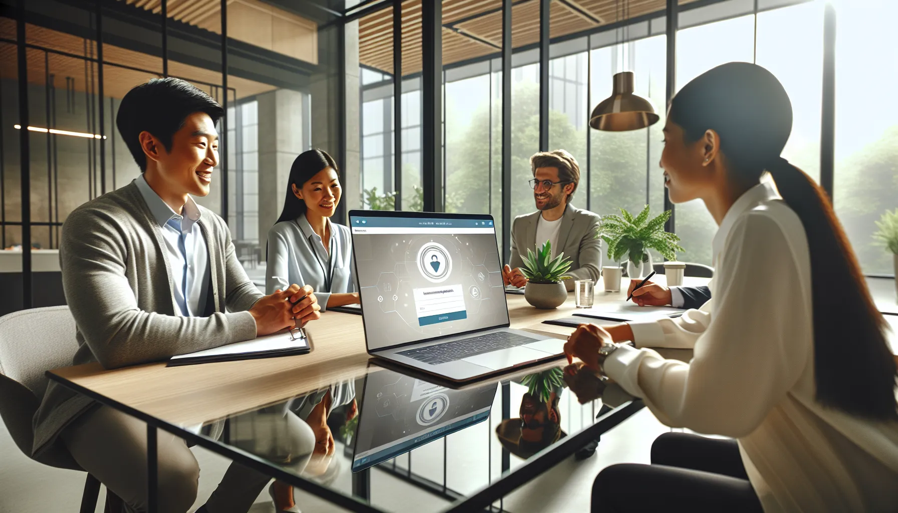 diverse team collaborating over a laptop in a modern office.