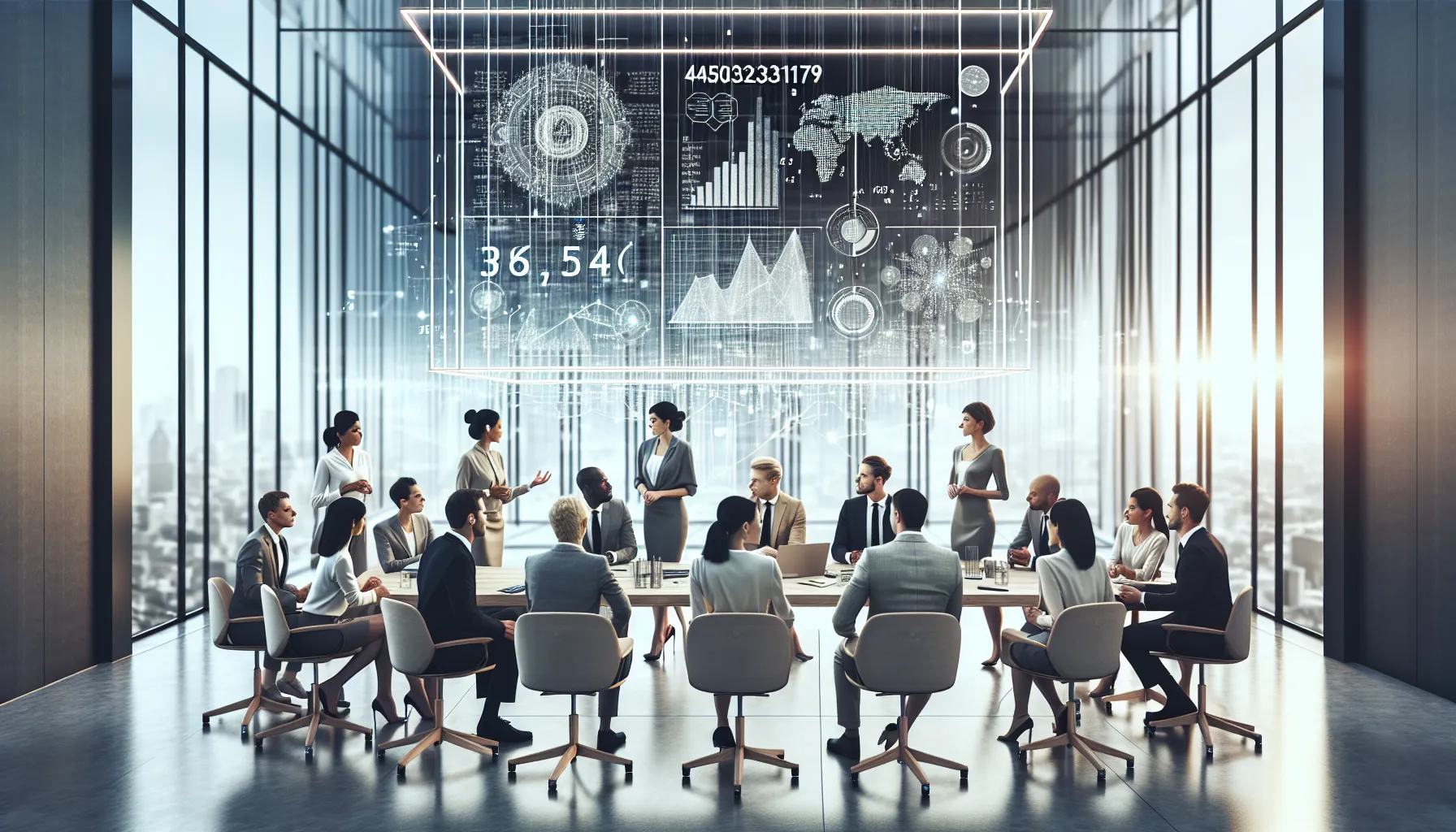 diverse professionals discussing data analytics in a modern office.