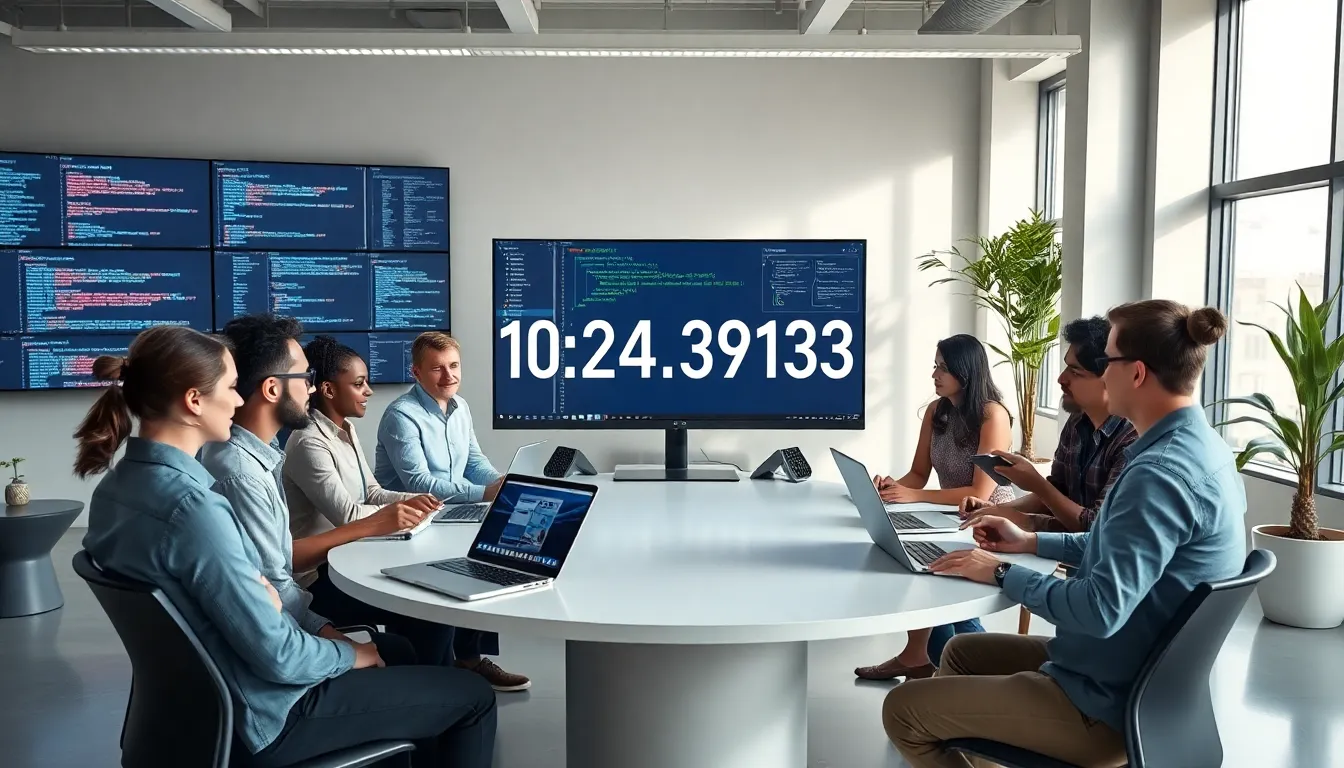 diverse software developers discussing version 10.24.39113 in a modern office.