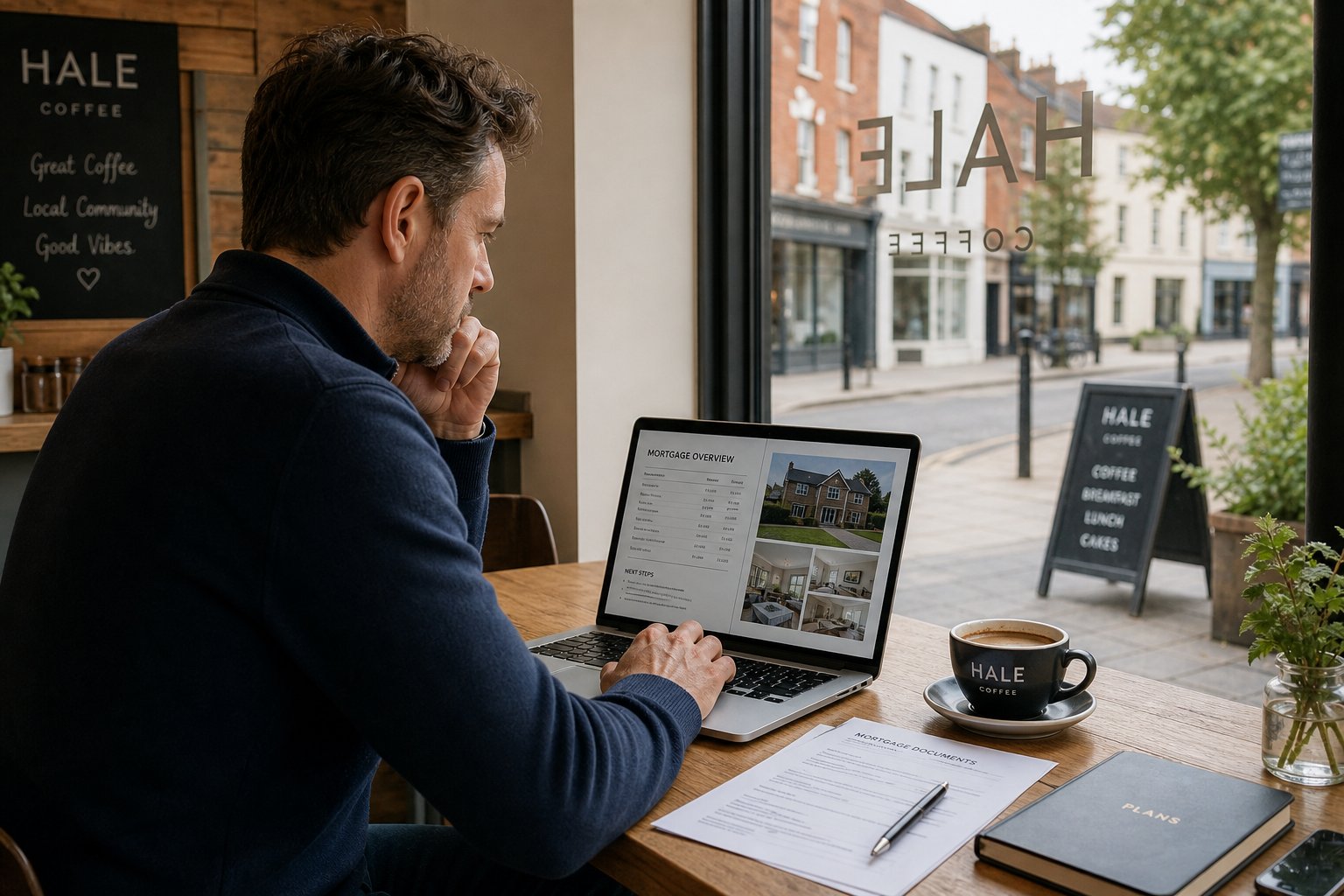 Business owner in a caf&eacute; reviewing commercial mortgage documents and property details on a laptop.