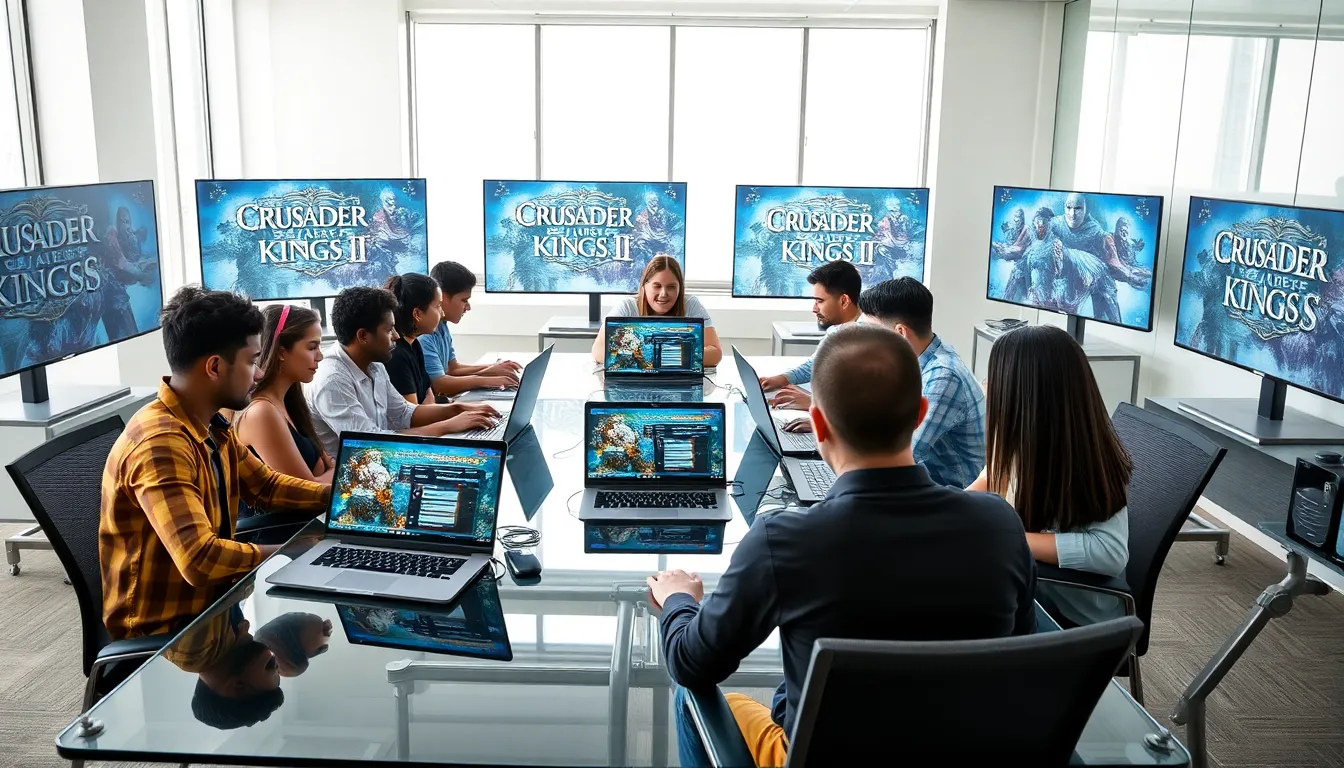 diverse team collaborating on character profiles for Crusader Kings II.