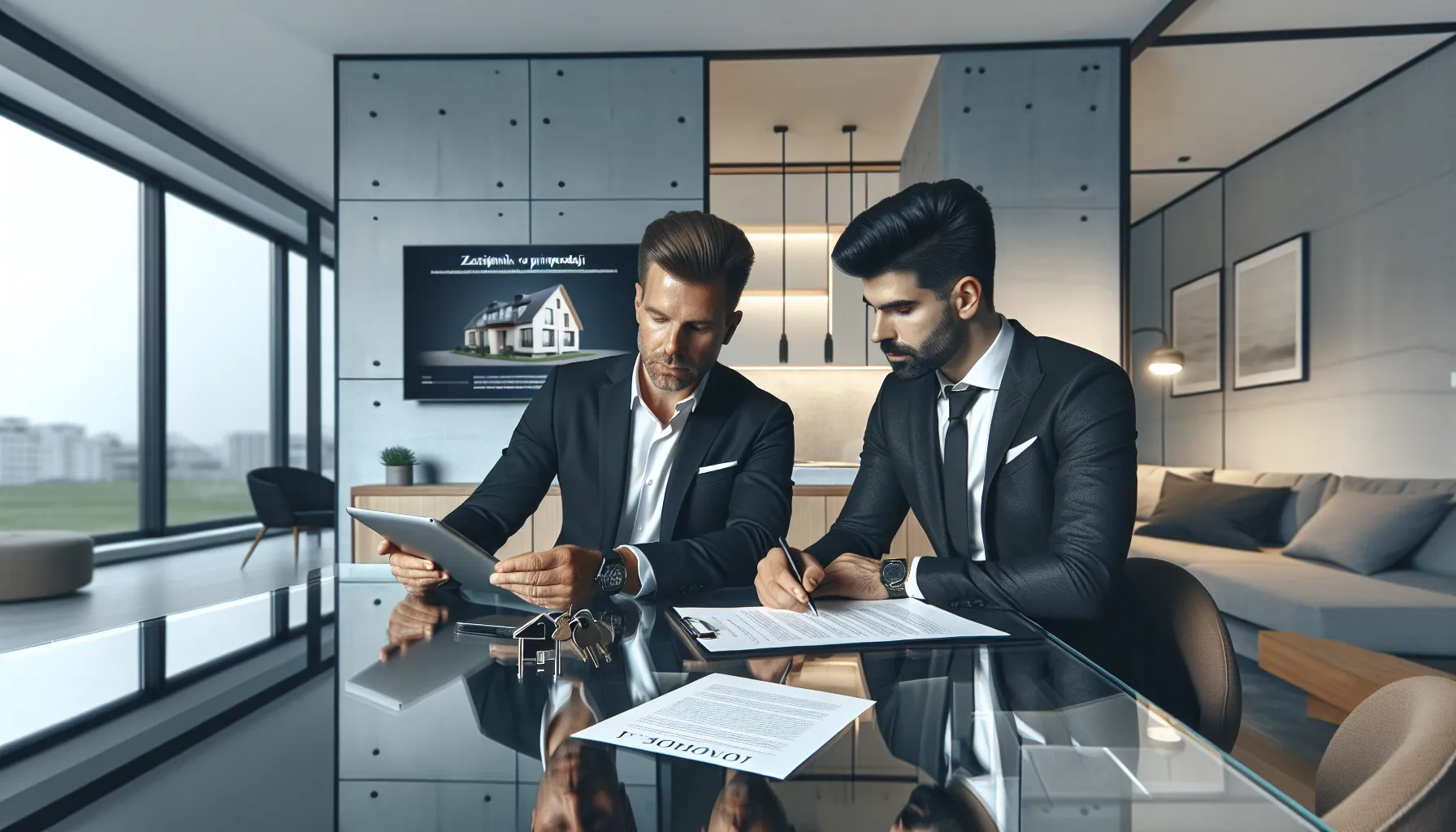 Two professionals reviewing property handover documents at modern office desk