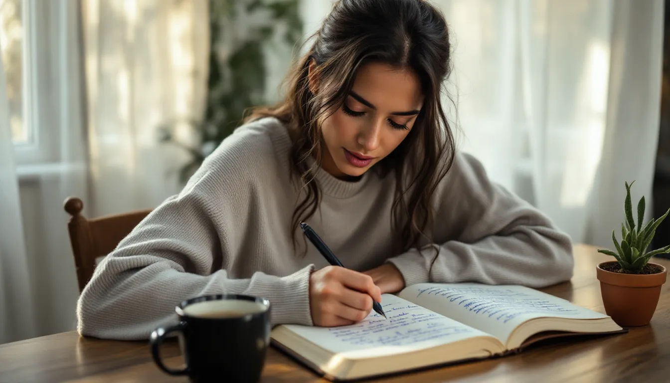 Woman writing reflective thoughts in a journal at a sunlit kitchen table.