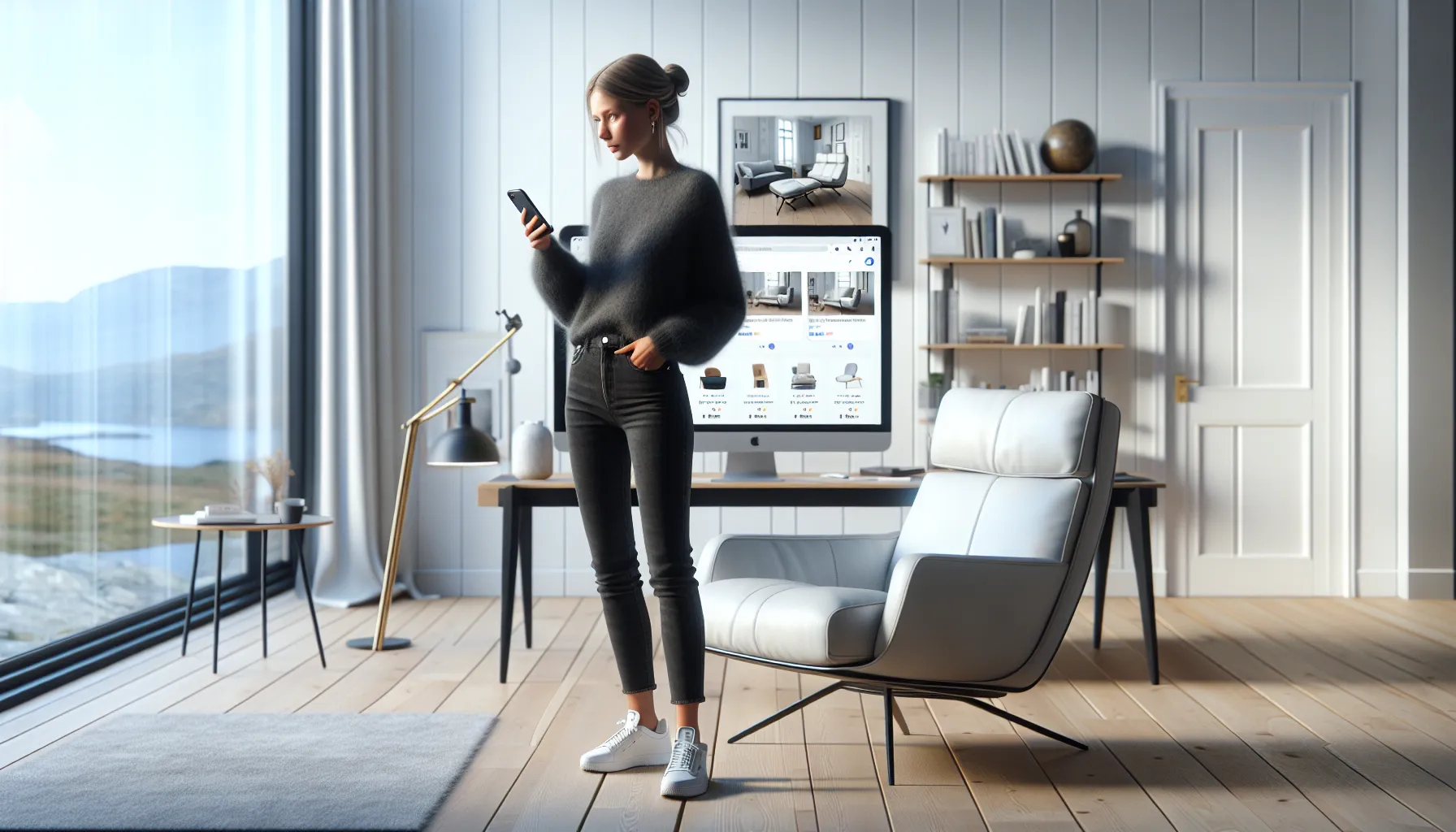 Woman in a norwegian office using her phone to visually search a white armchair.
