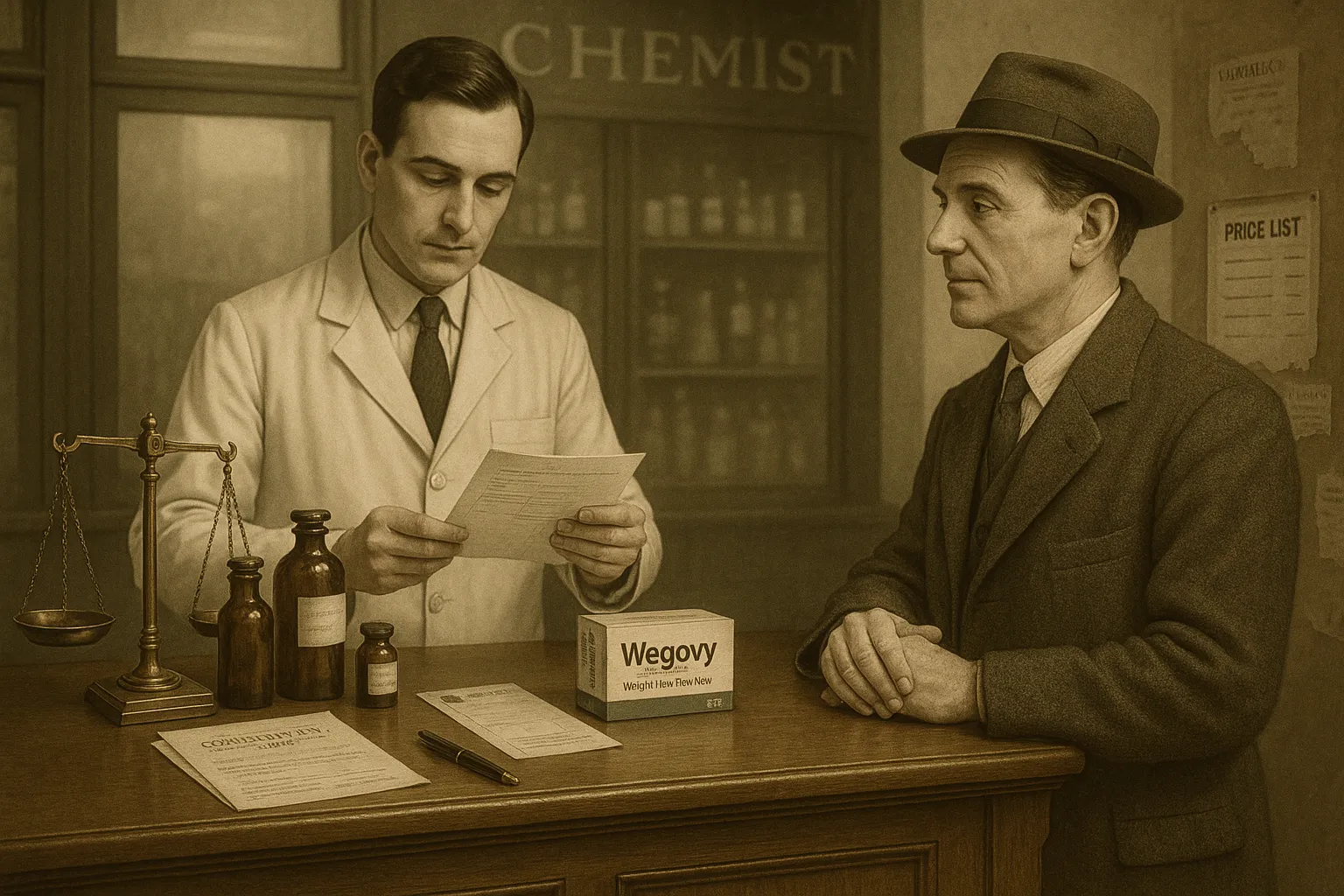 A pharmacist reviewing a prescription with a customer in an old pharmacy.