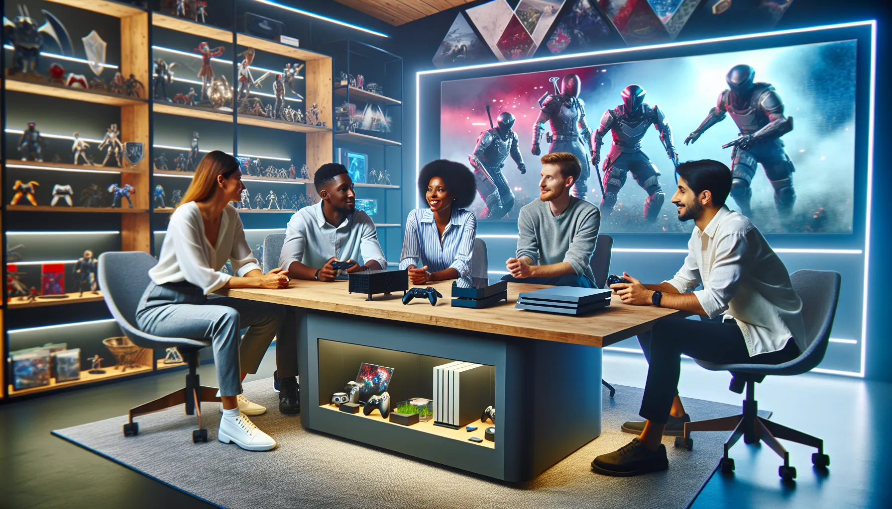diverse team discussing console game updates in a modern setup.