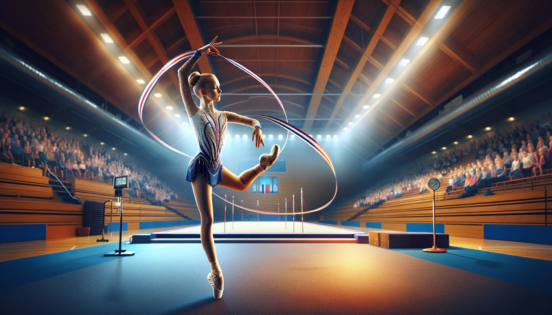 Norwegian teen rhythmic gymnast balancing with a flowing ribbon in a sports hall.