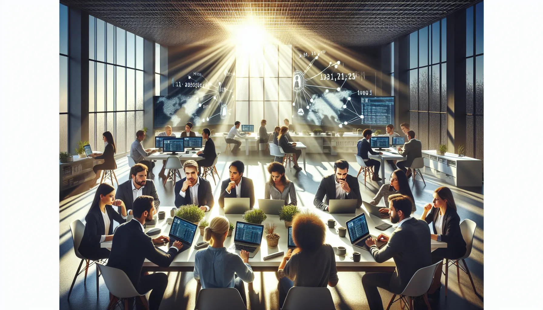 diverse professionals discussing IP addresses in a modern office.