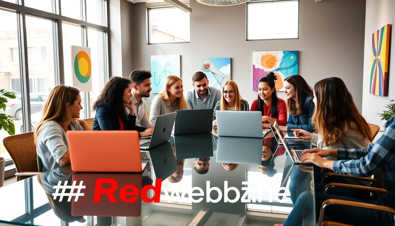 diverse team collaborating in a modern office with laptops.