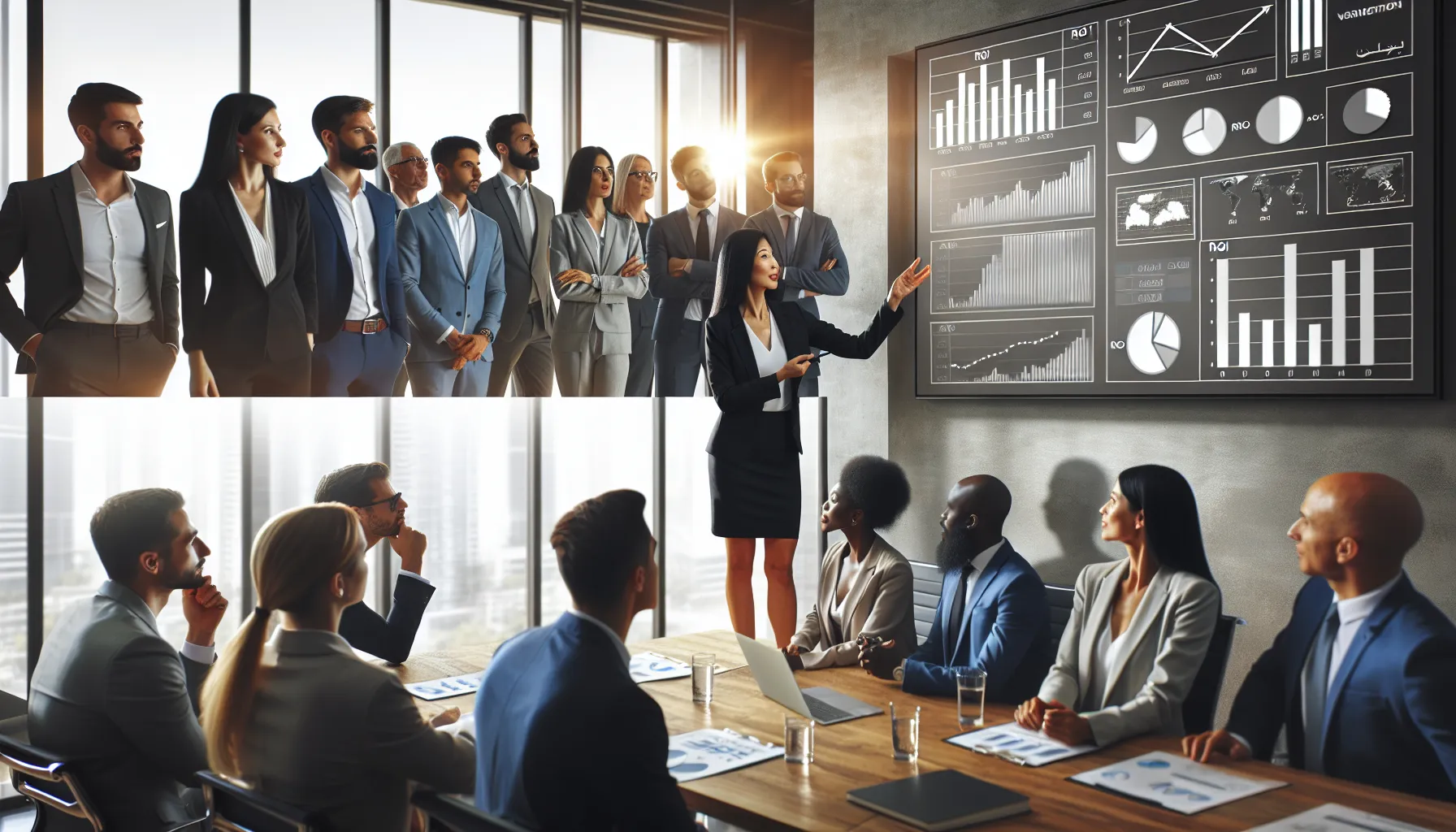 Professionals discussing ROI and ROE metrics in a corporate meeting.