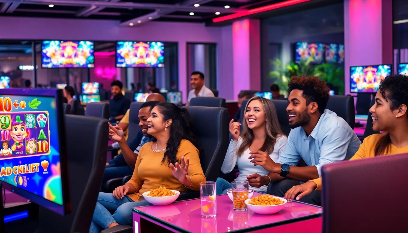 diverse group of players enjoying Dadunation slot games in a modern gaming room.