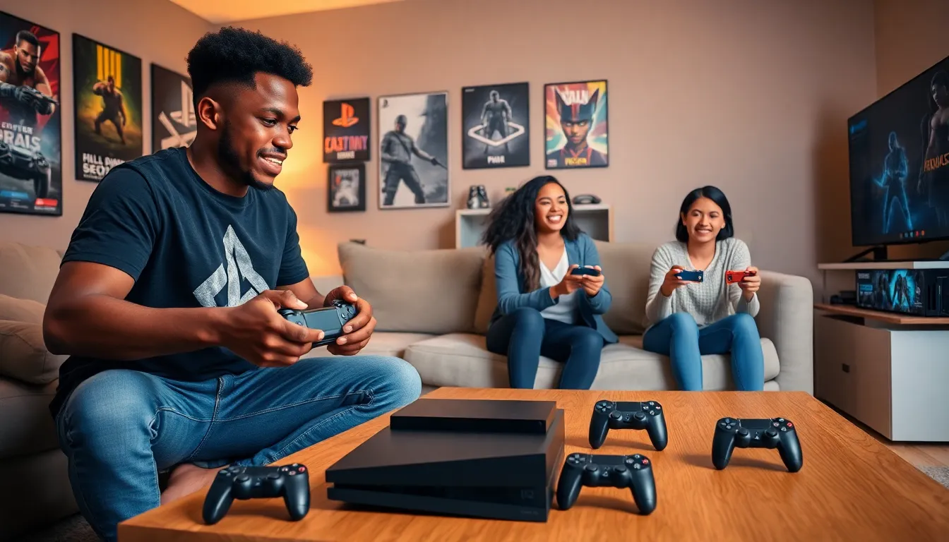 a diverse group of gamers enjoying PlayStation consoles in a cozy living room.