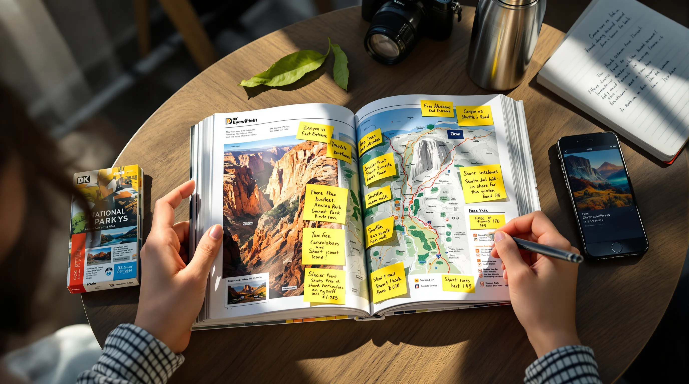 First-time traveler planning with a visual DK USA national parks guidebook.