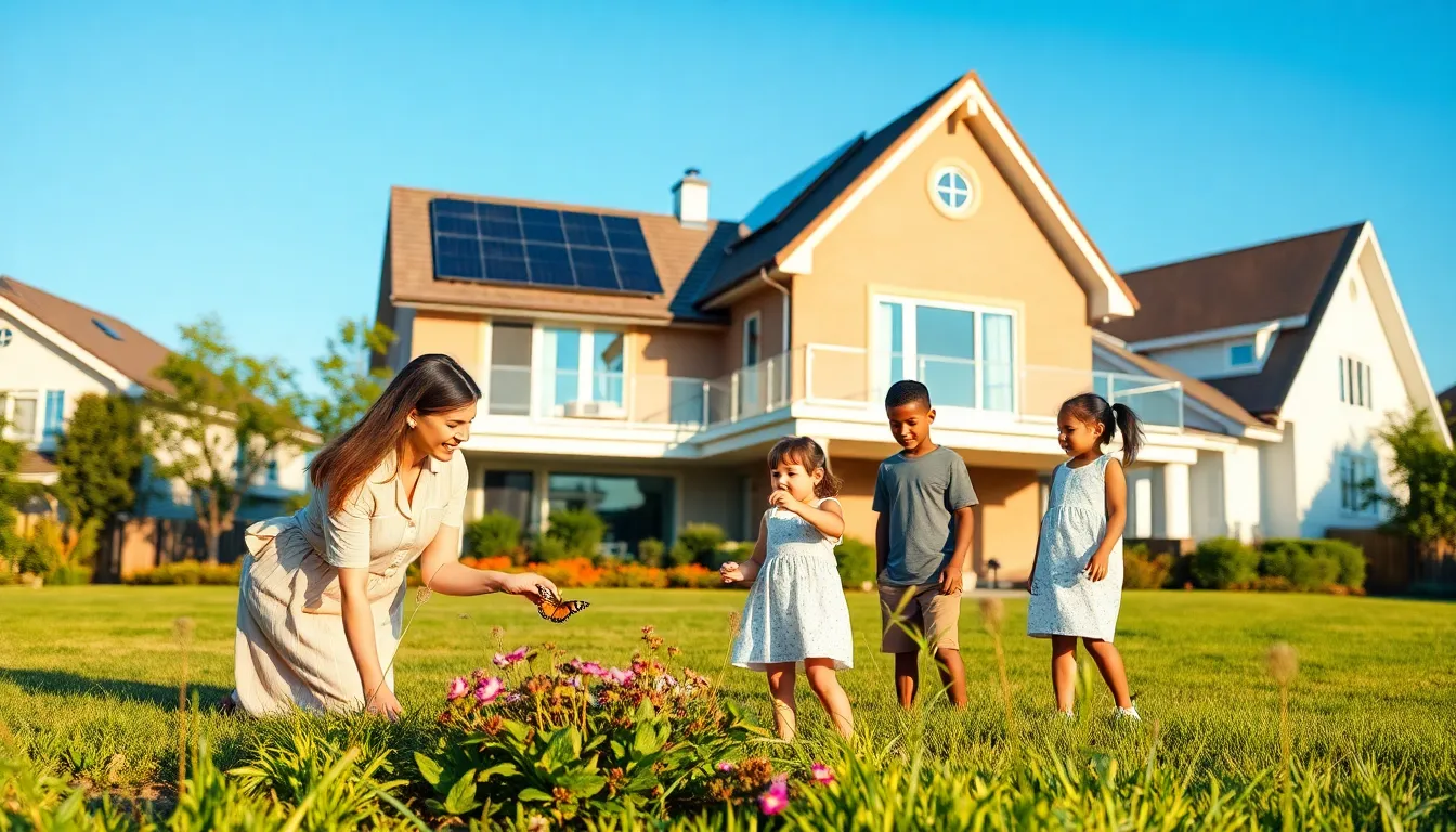 A family exploring a spacious suburban home and garden in the afternoon.