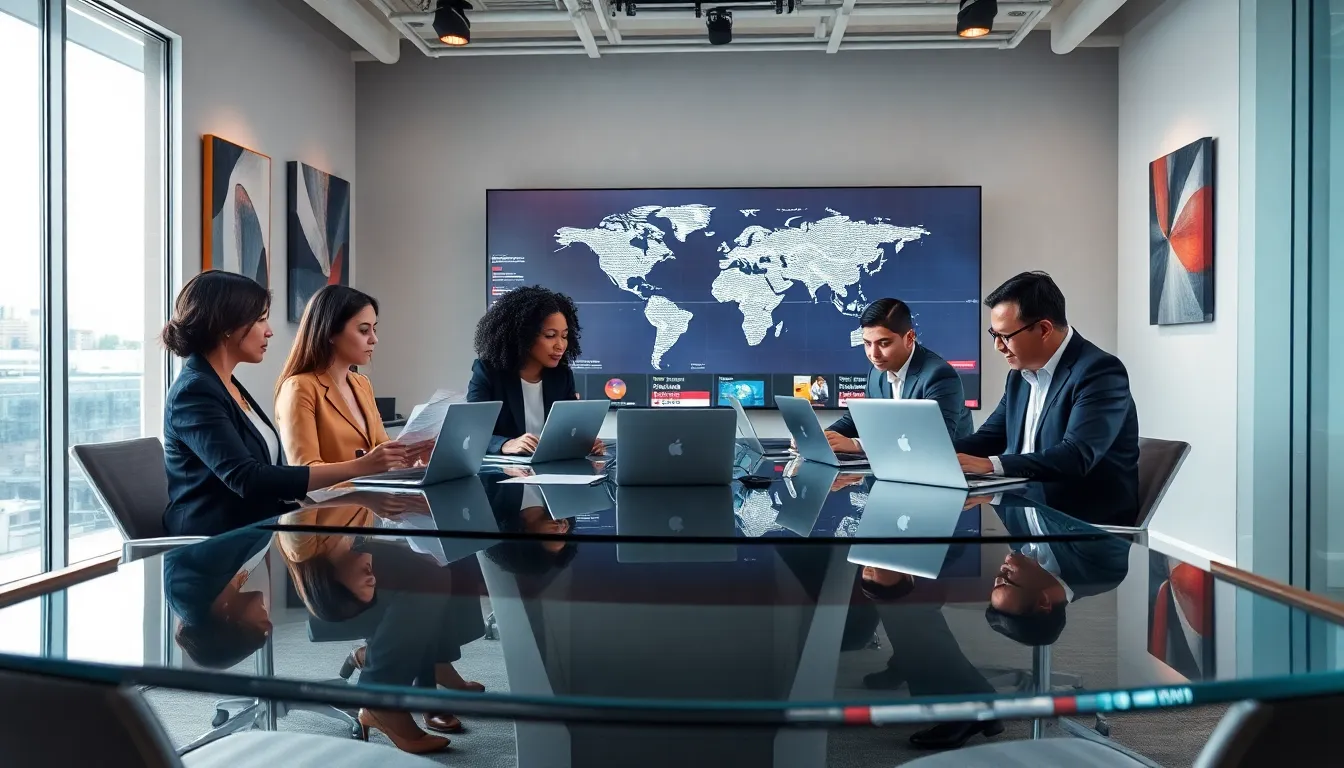 diverse team of journalists collaborating in a modern newsroom.