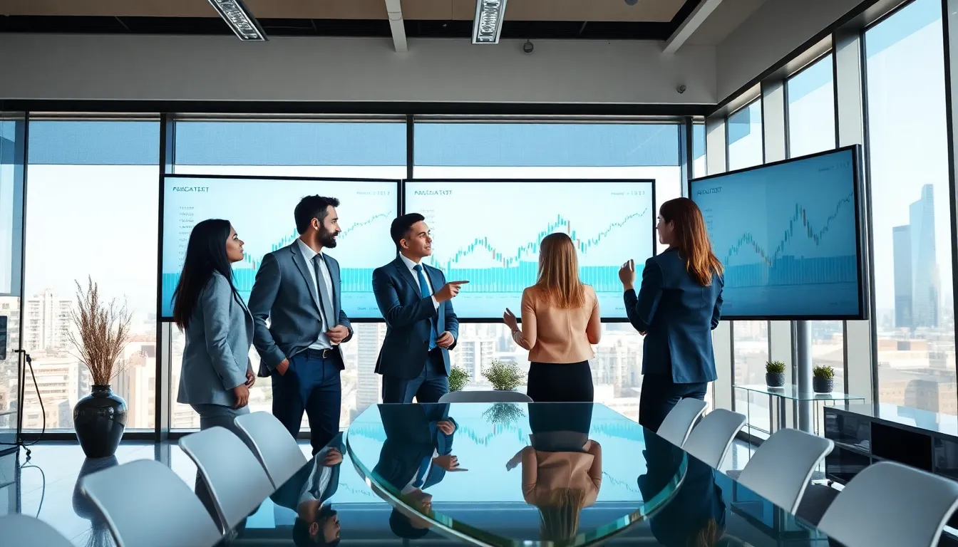 diverse finance professionals analyzing stock market data in a modern office.