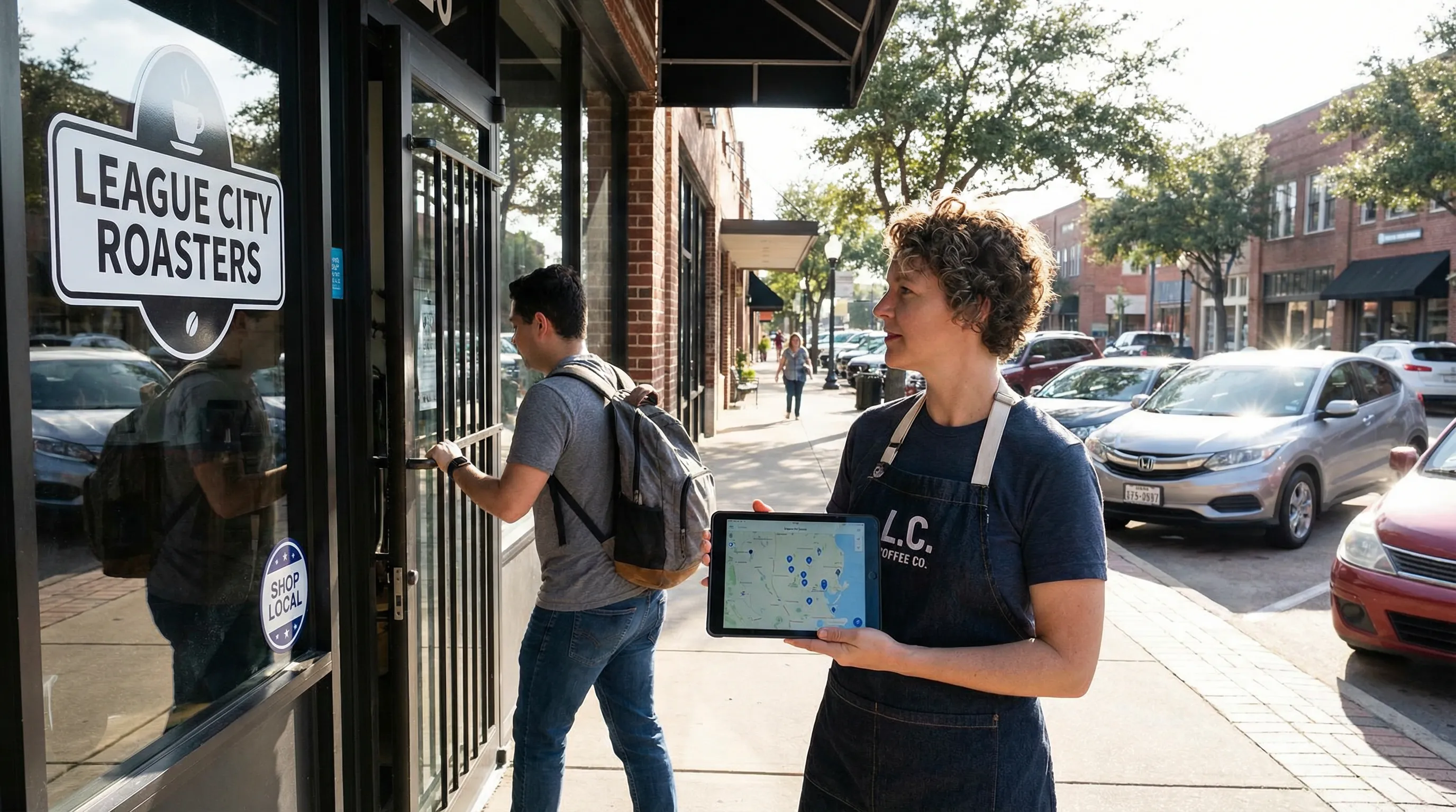Business owner outside a League City storefront checking a tablet map with nearby customer locations as a customer enters the shop.