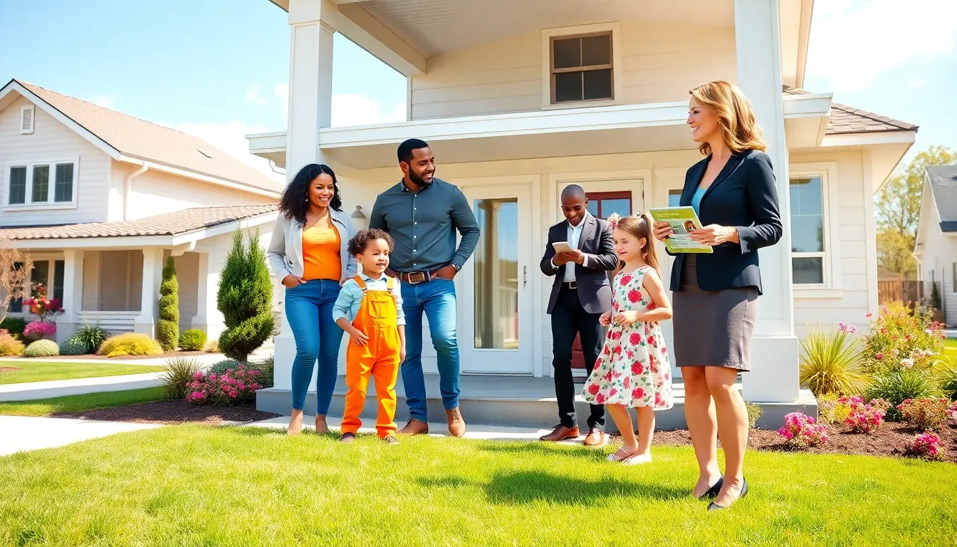 a diverse family exploring a modern home in a suburban neighborhood.
