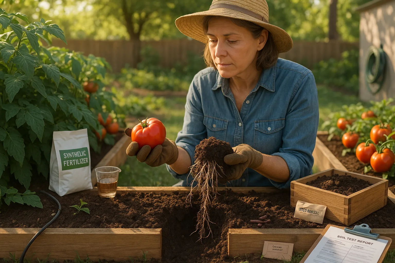 Gardener revealing stronger roots in composted soil beside synthetic-fertilized plants.