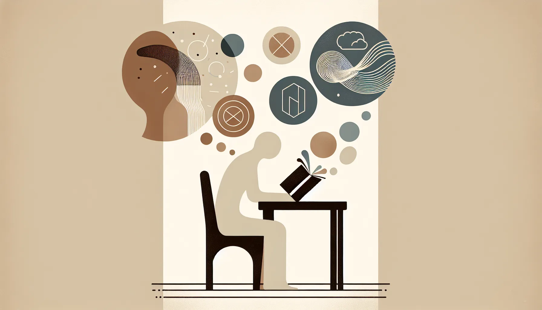 A minimalist figure reading at desk with abstract thought symbols above