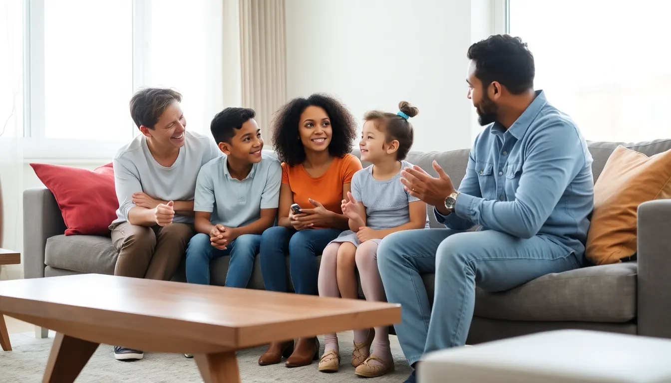 family engaged in open dialogue in a cozy living room.