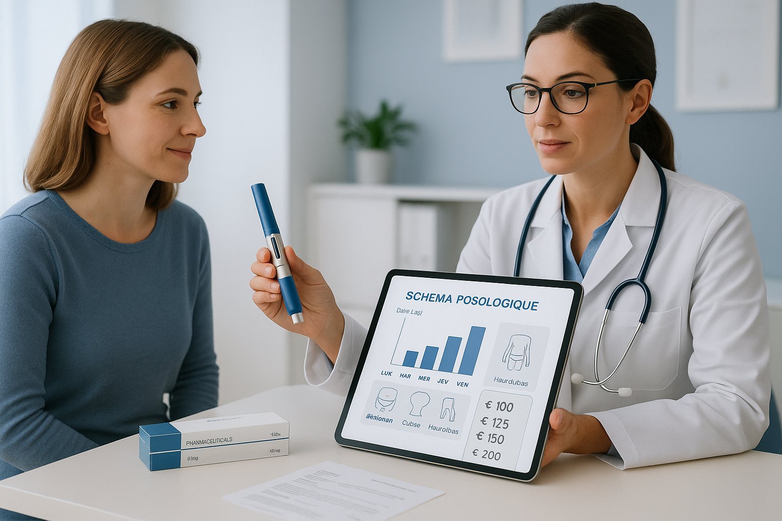 Doctor explaining weekly Mounjaro injection dosage and treatment cost to a patient.