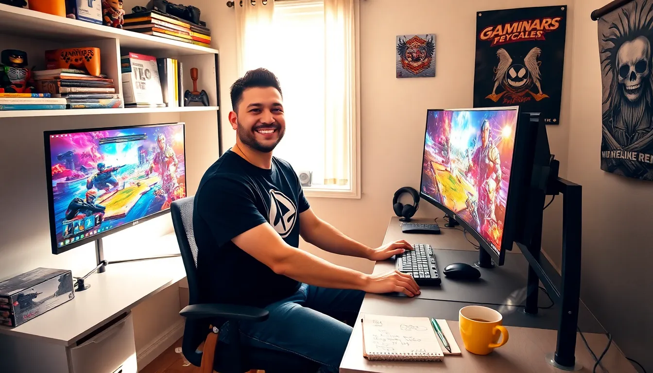 Larry Nando in a cozy home office, guiding gamers at his desk.