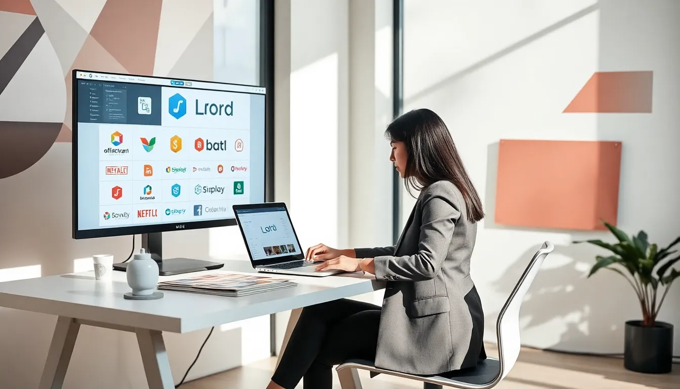A freelancer designing a logo in a modern workspace.