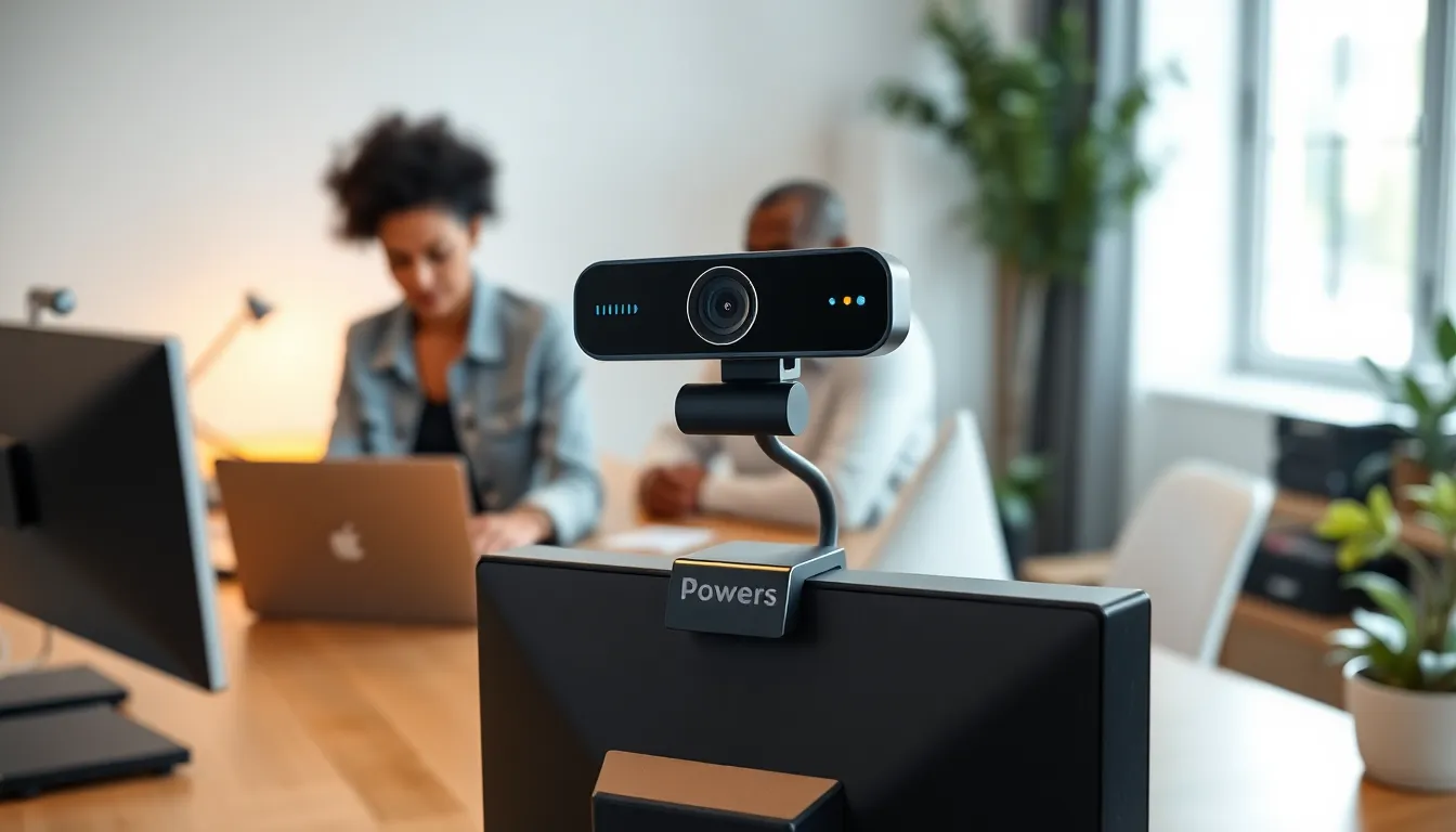 modern office with a Powers Hardware webcam and diverse professionals during a meeting.
