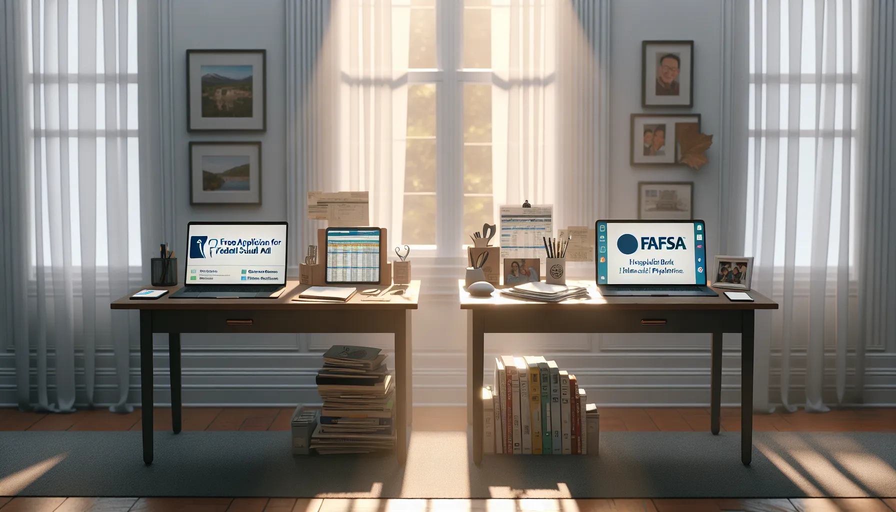 Two desks representing FAFSA and CSS Profile application processes in an office setting.
