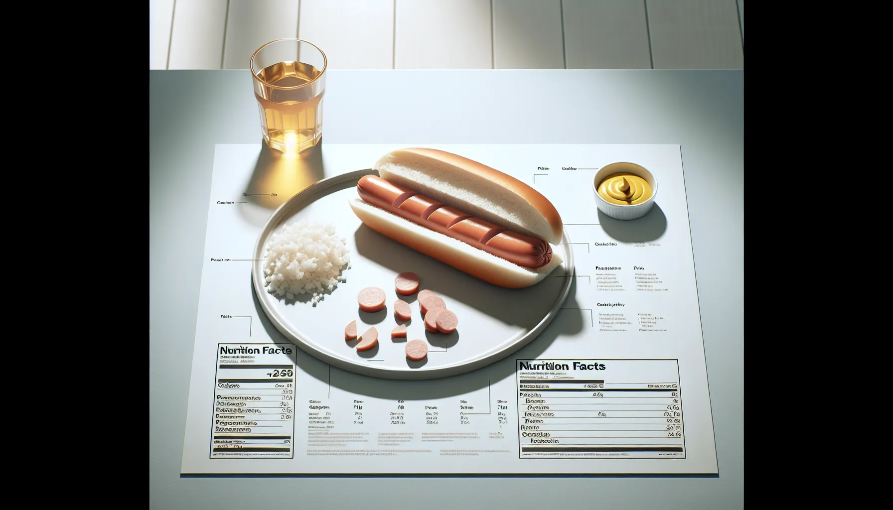 Deconstructed hot dog and nutrition chart in a modern kitchen.