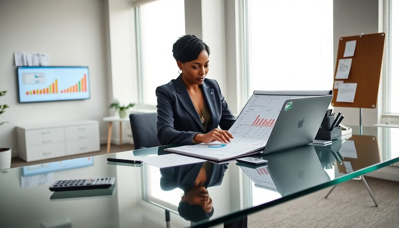 accountant reviewing financial worksheet in a modern office.