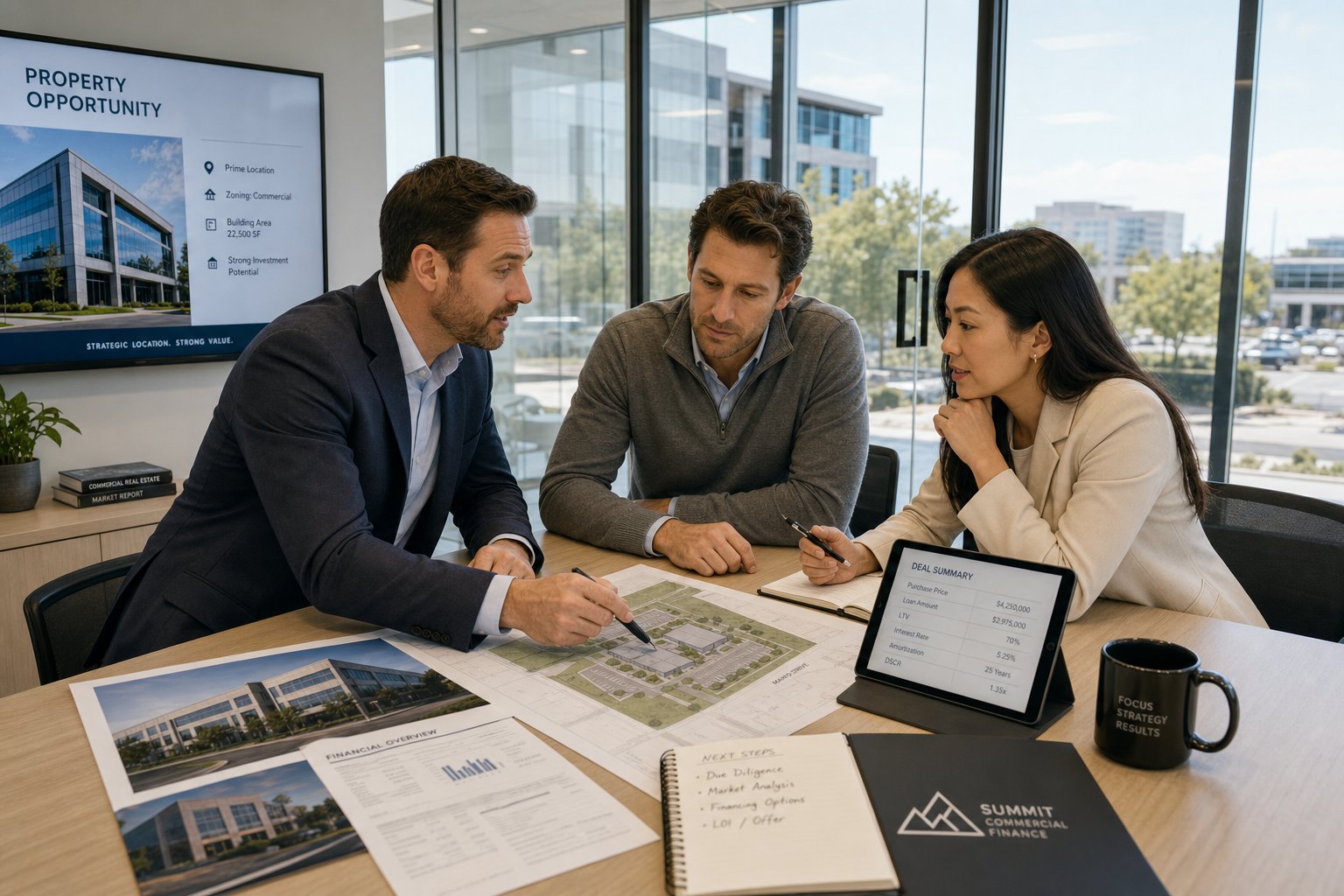 Commercial mortgage broker discussing a property purchase with two business partners in a modern meeting room.