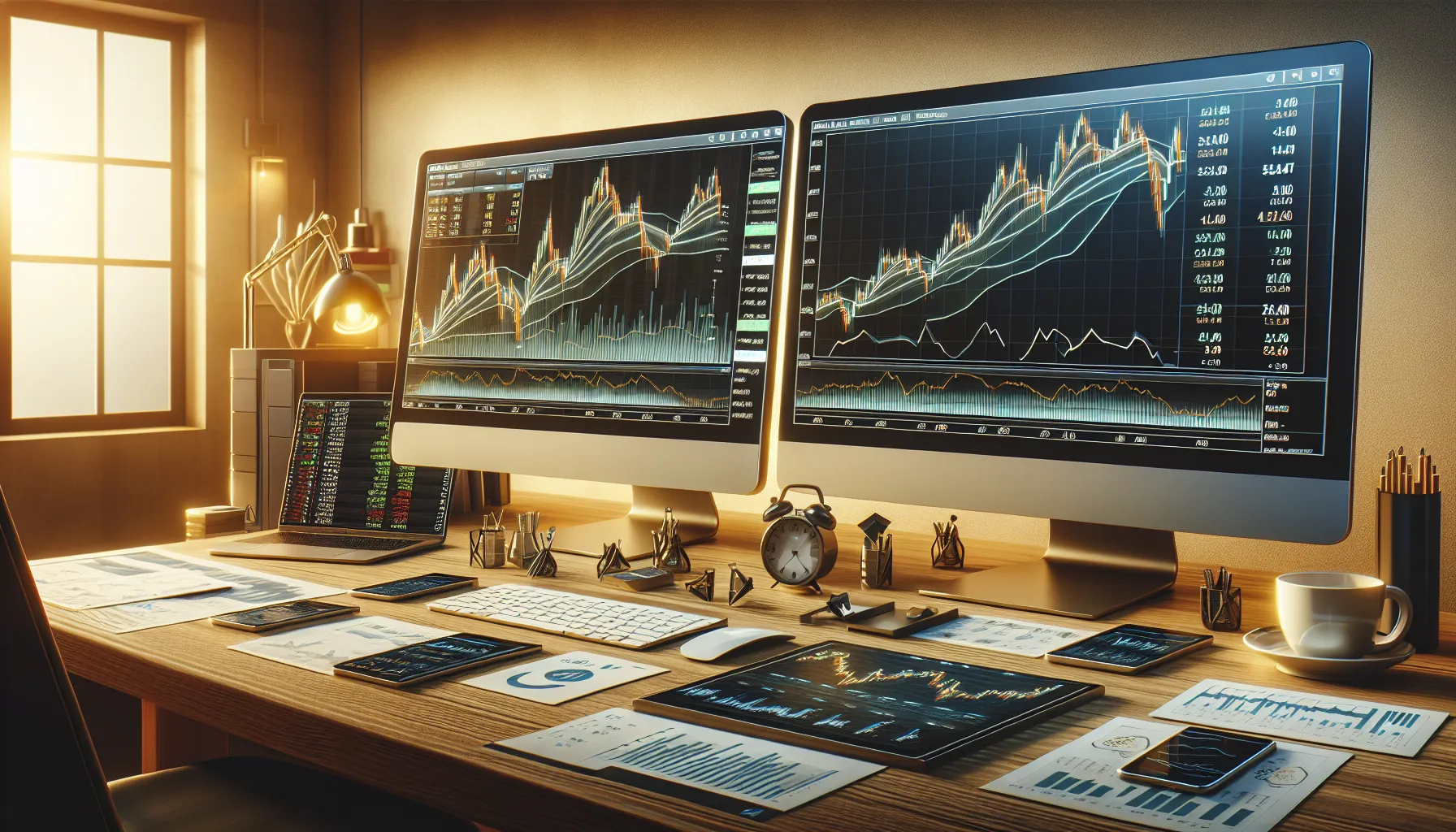 Two monitors display limit and stop-loss order charts in a financial trading setup.