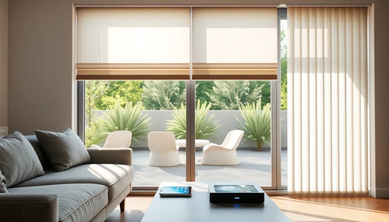 smart blinds in a modern living room with sunlight filtering through.