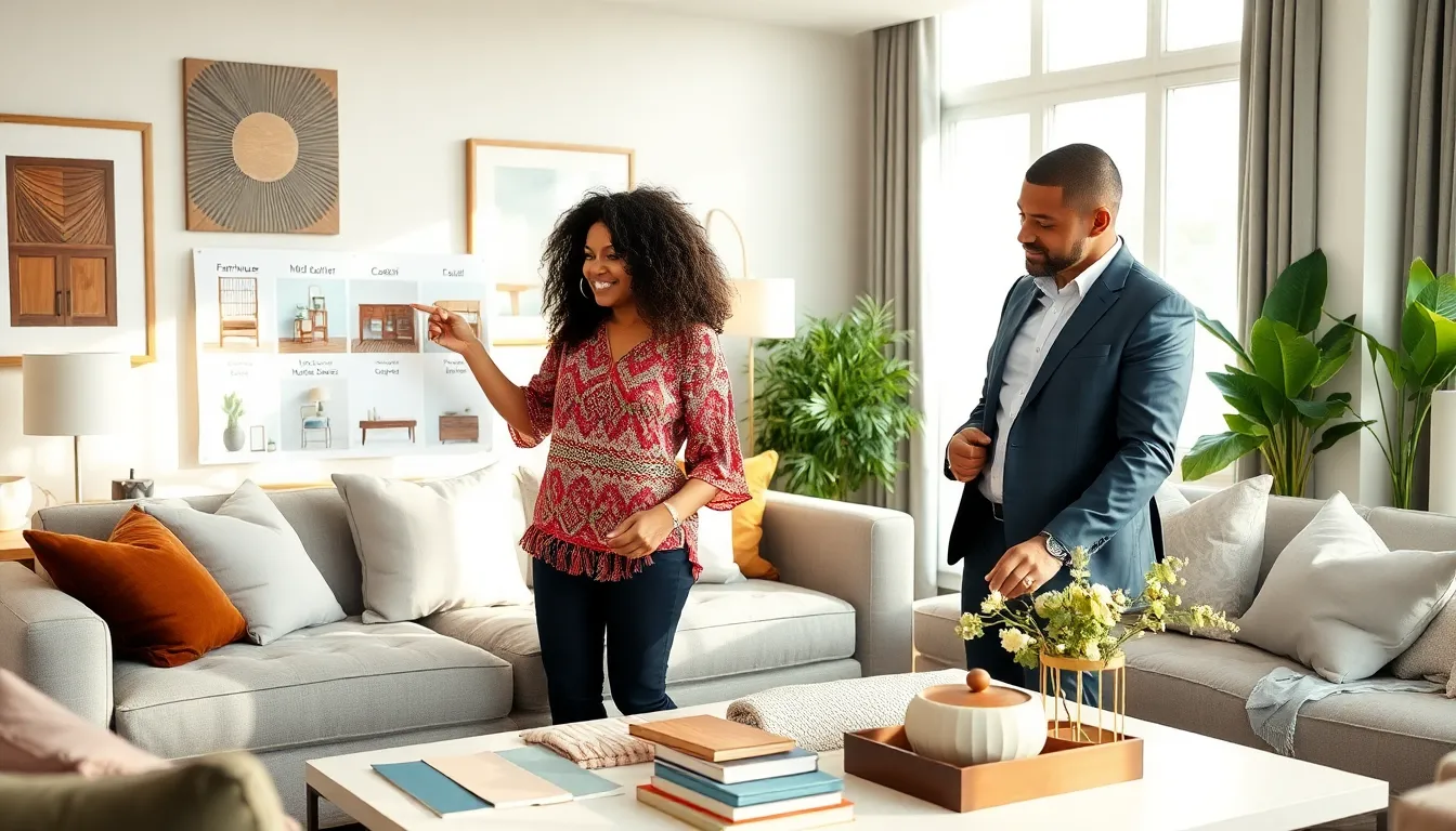 couple discussing home decor styles in a modern living room.