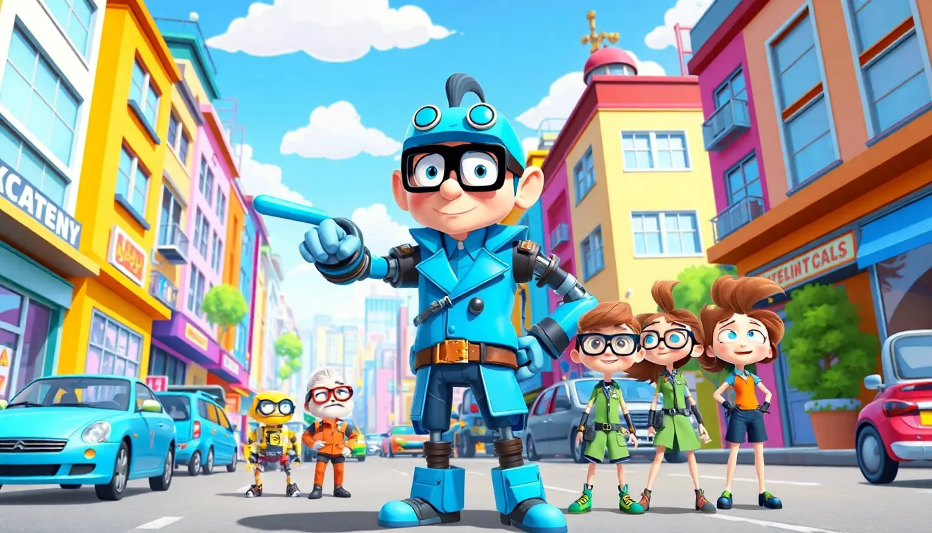 Detective Gadget and his Gadgetinis in a colorful urban setting.