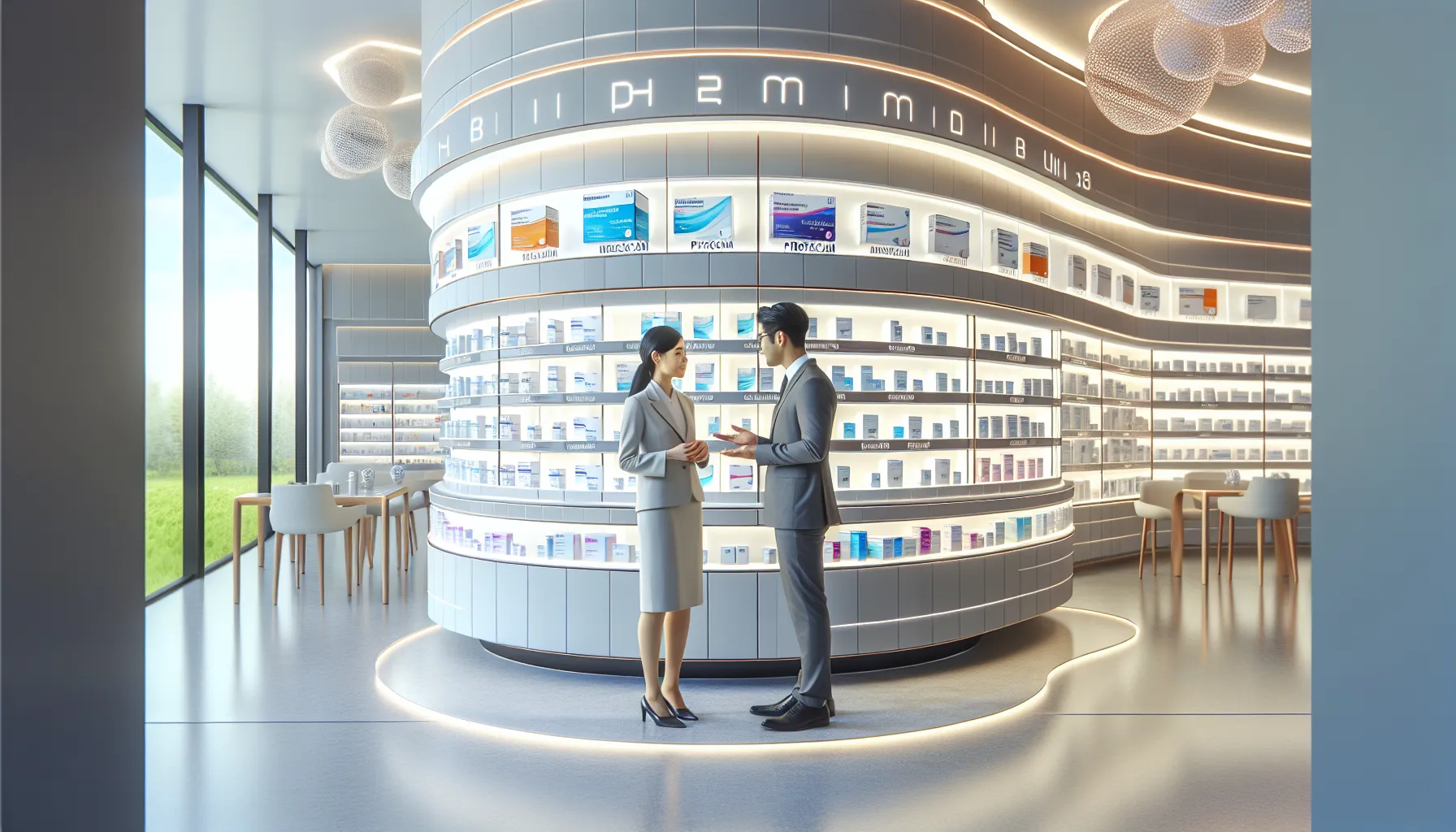 pharmacist discussing mexxicams with a patient in a modern pharmacy.