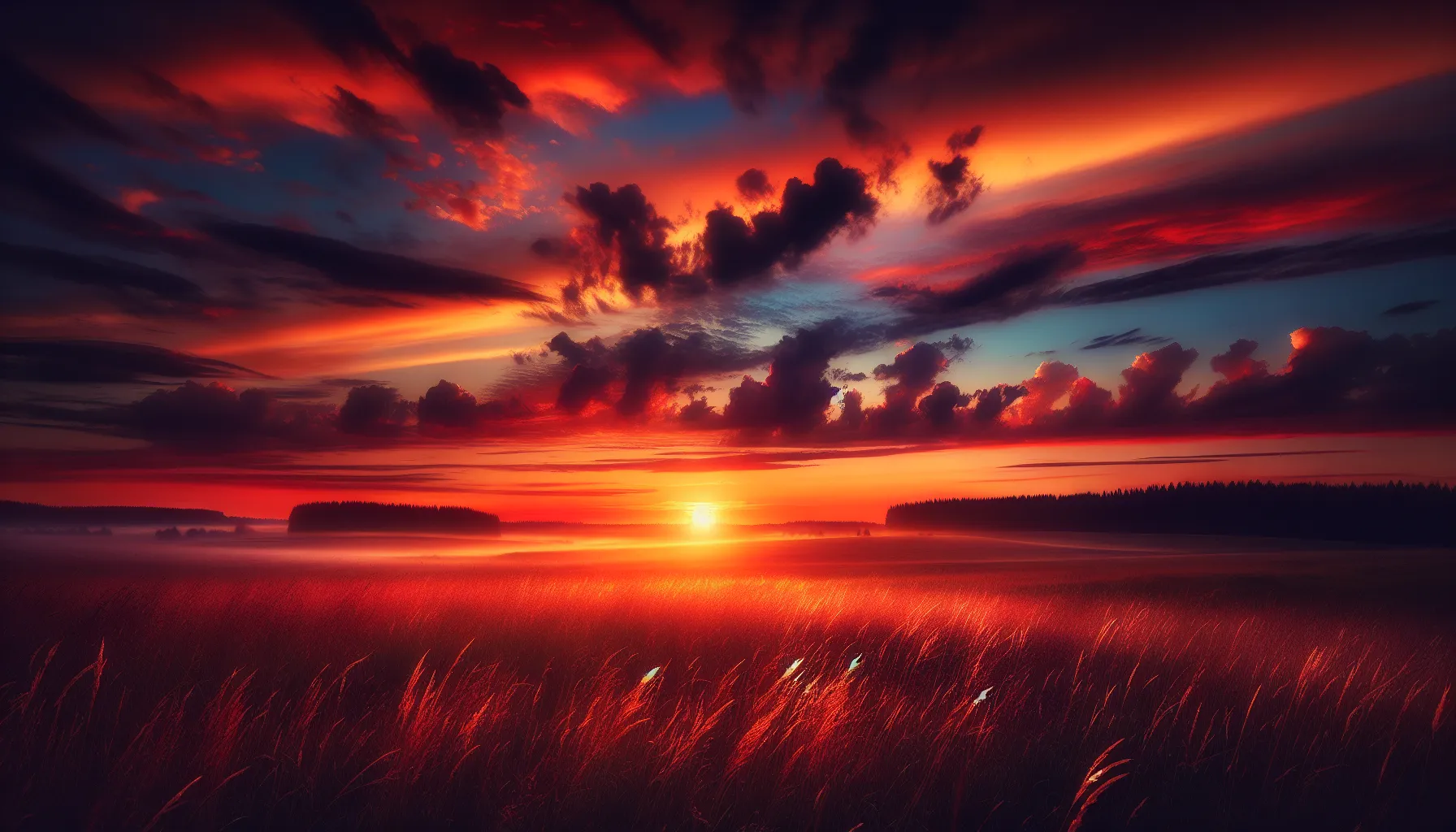 The Sun setting over a meadow with a twilight sky.