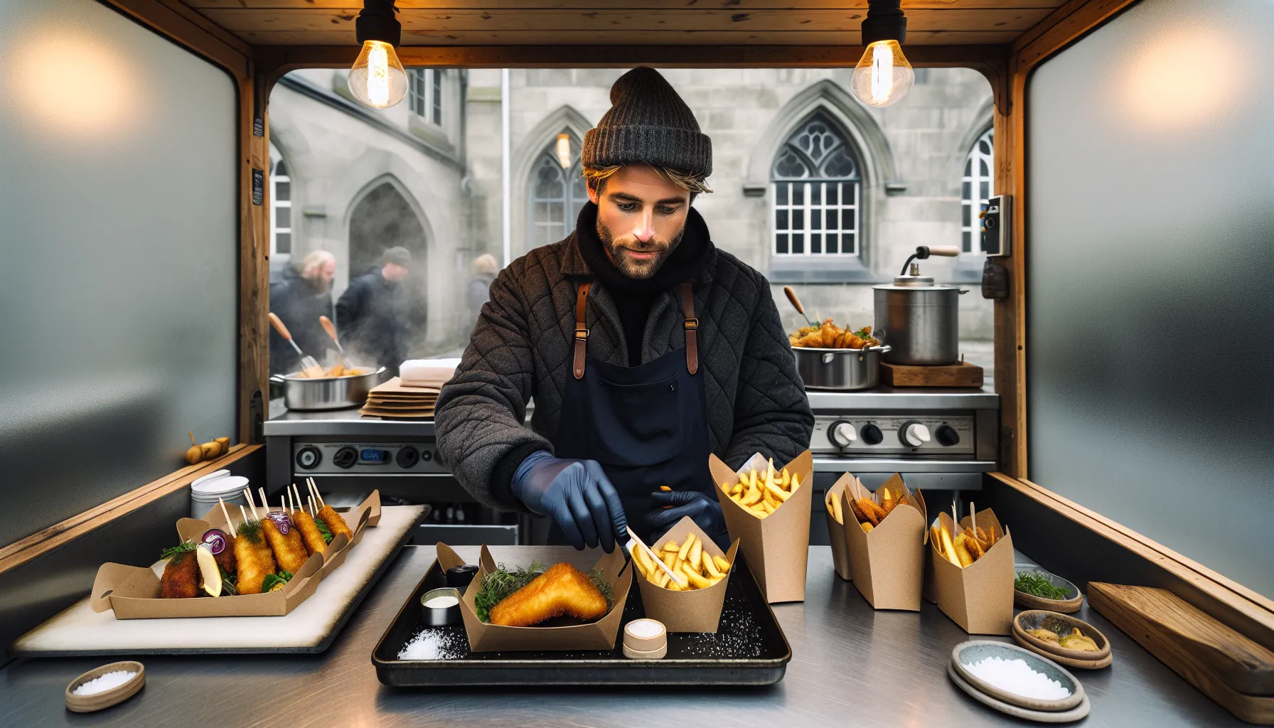 Norwegian street-food stall serving cod fish and chips, bao, and glazed root vegetables.