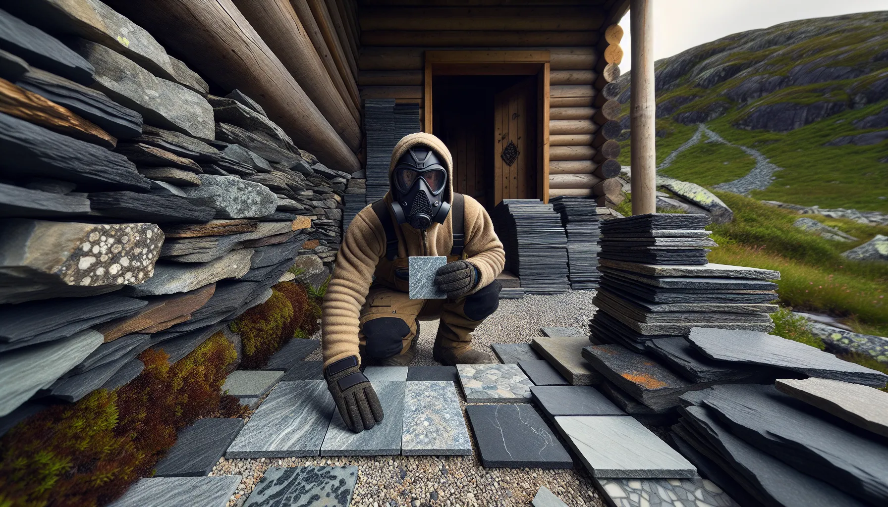 Hvordan bruke stein for å skape et rustikt utseende 3 Craftsperson compares natural slate and ceramic beside granite steps and dry-stone wall.