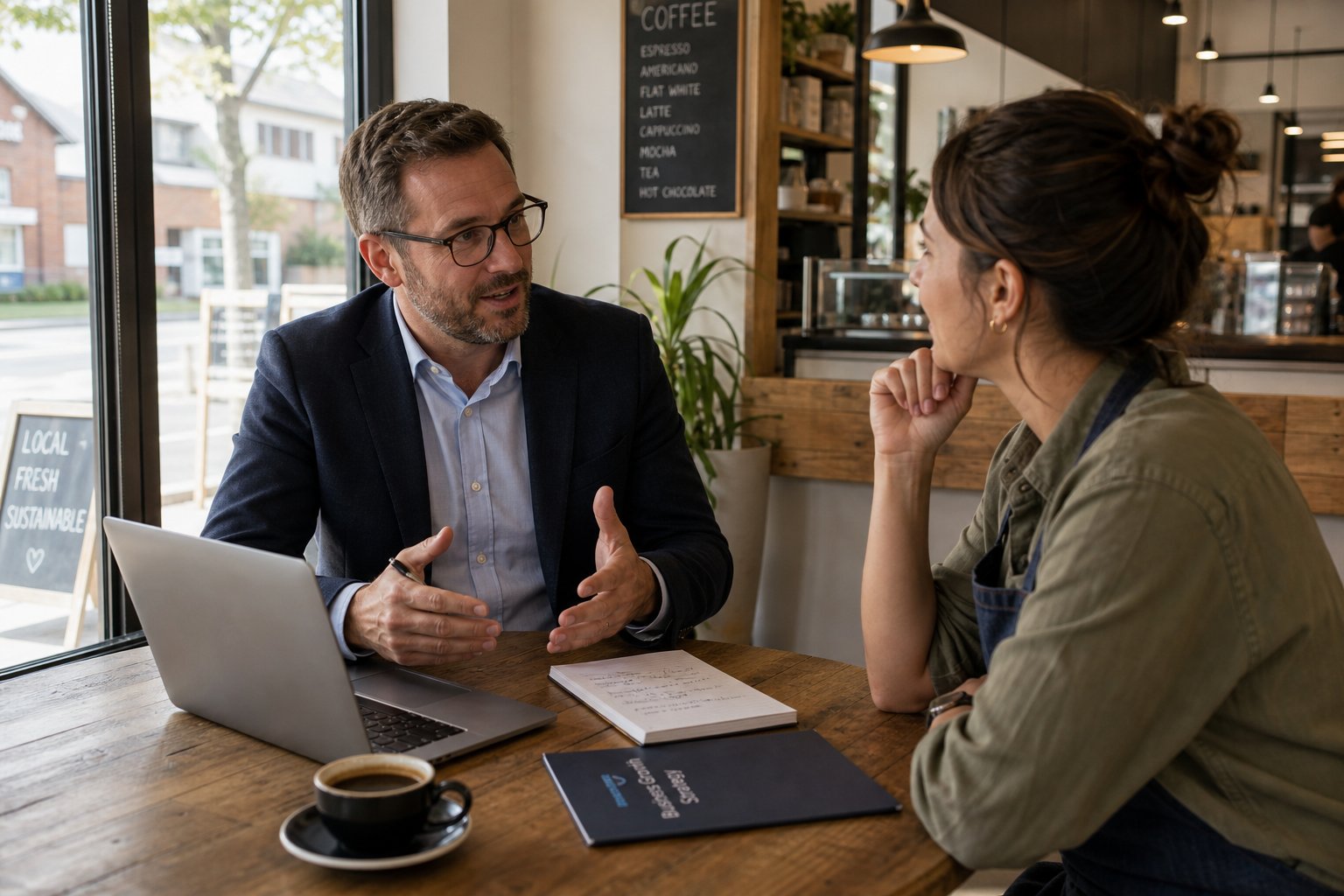 Commercial mortgage adviser meeting an entrepreneur inside a modern caf&eacute;-style premises with large windows.