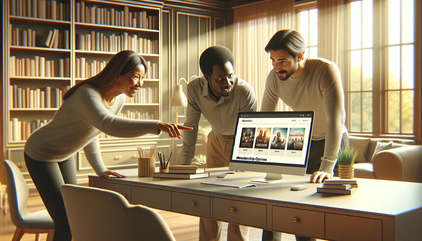 diverse team discussing Moviesverse HD in a modern home office.