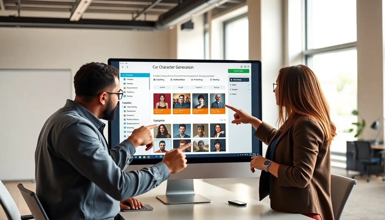 diverse team collaborating on character generation at a computer.