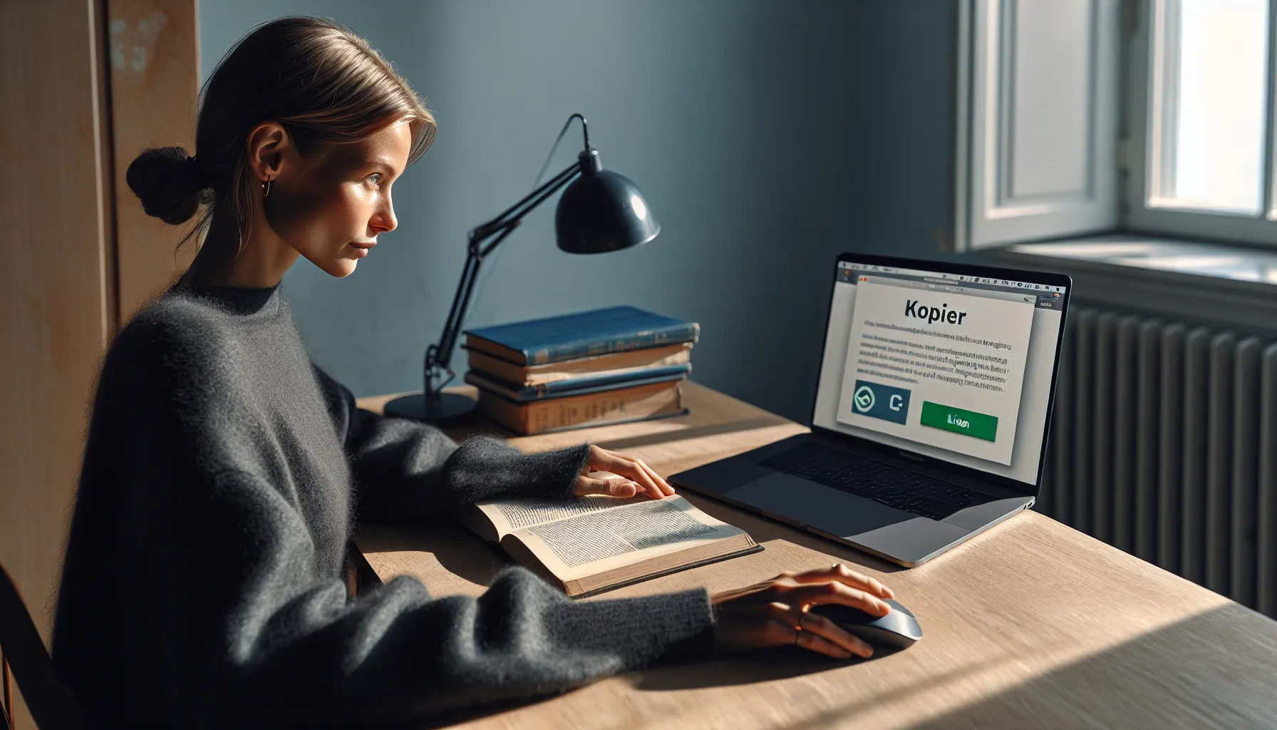 Norwegian woman checks license info before copying text, image, and video.