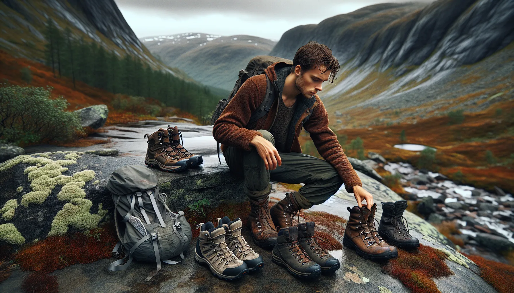 Slik velger du riktig fottøy for krevende terreng 2 Hiker in norwegian mountains choosing boots for mixed rocky, muddy, and snowy terrain.