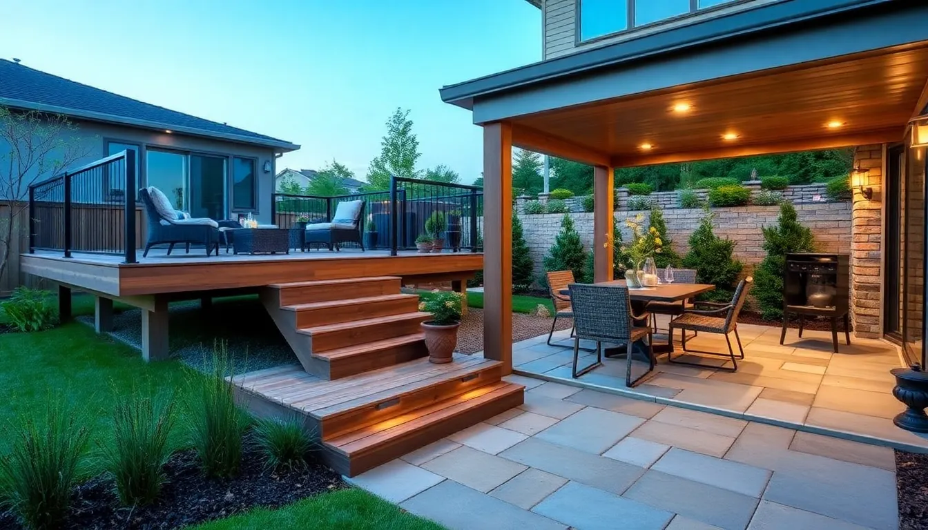 elevated deck and stone patio in a modern outdoor setting.