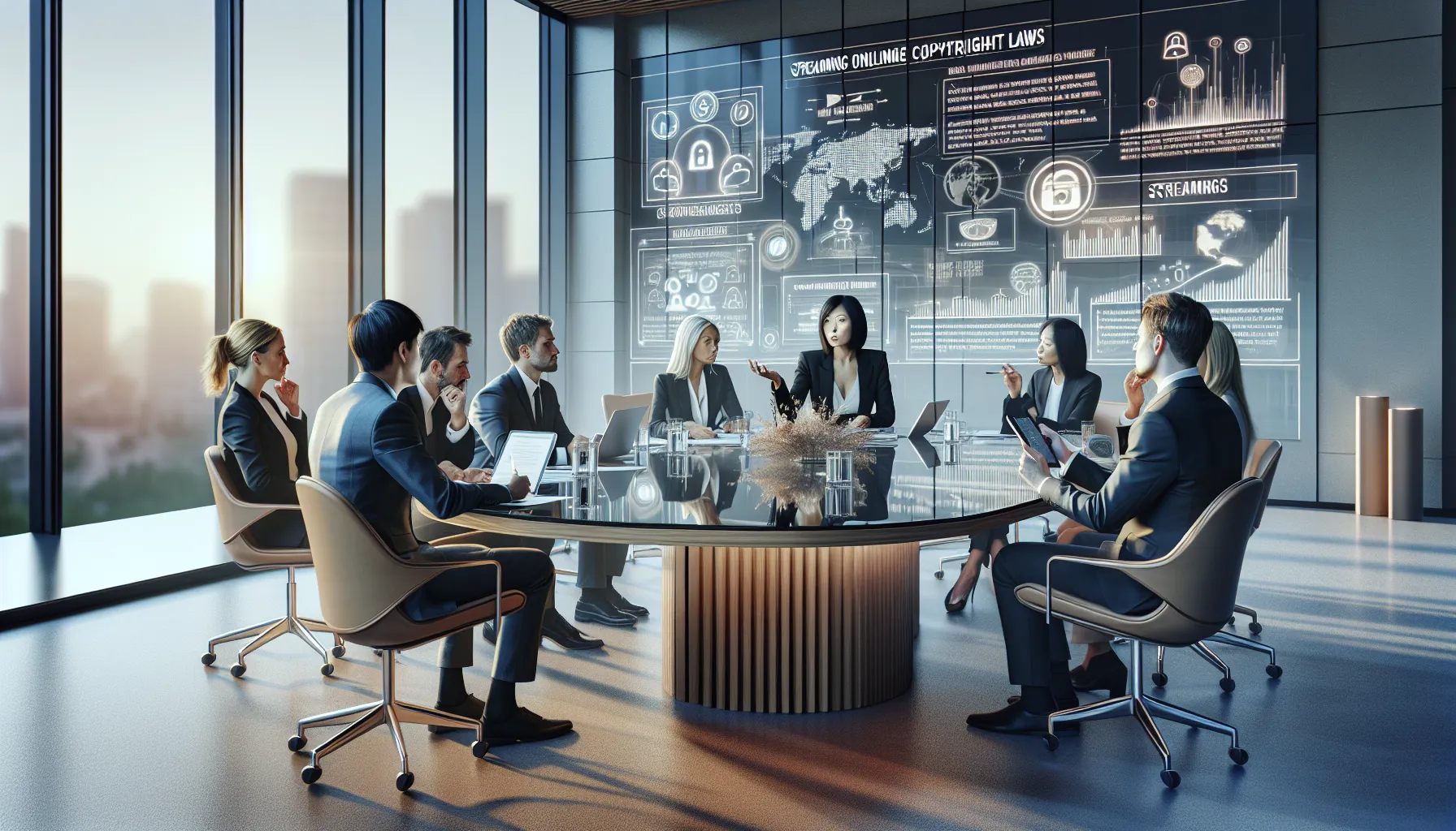 diverse professionals discussing copyright issues in a modern office.